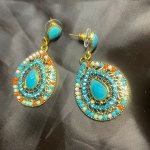 Turquoise and orange pair of tear drop earrings
